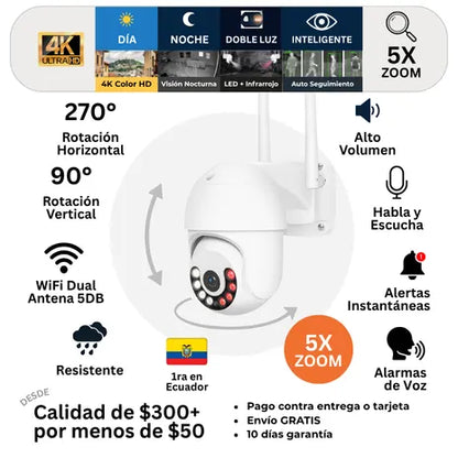 Cámara de Vigilancia PTZ Resolución 4K Visión Nocturna con Detección de Movimiento Humano